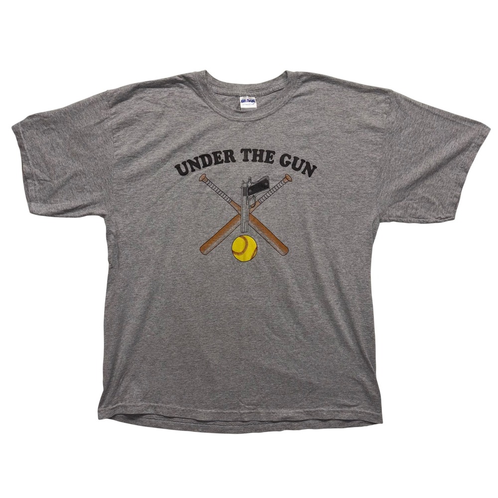 Y2K Gildan Under The Gun Softball T-Shirt XL Gray Booger Edgy Graphic Tee